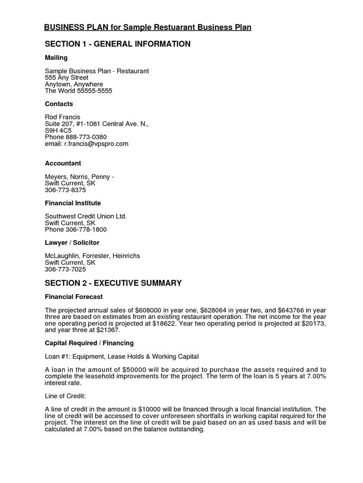restaurants business plan sample