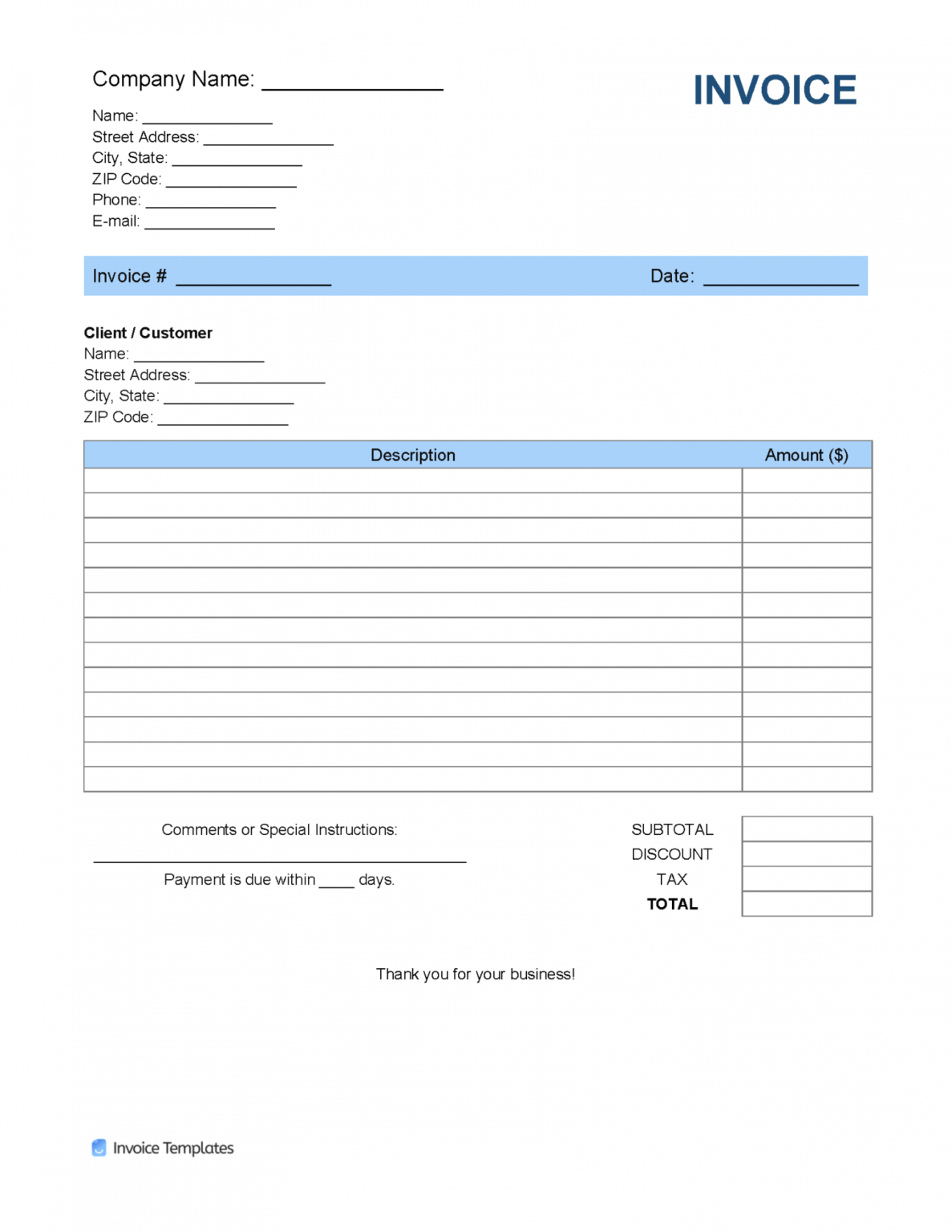 Editable Free Blank Invoice Templates In Pdf Word And Excel Fillable Cash