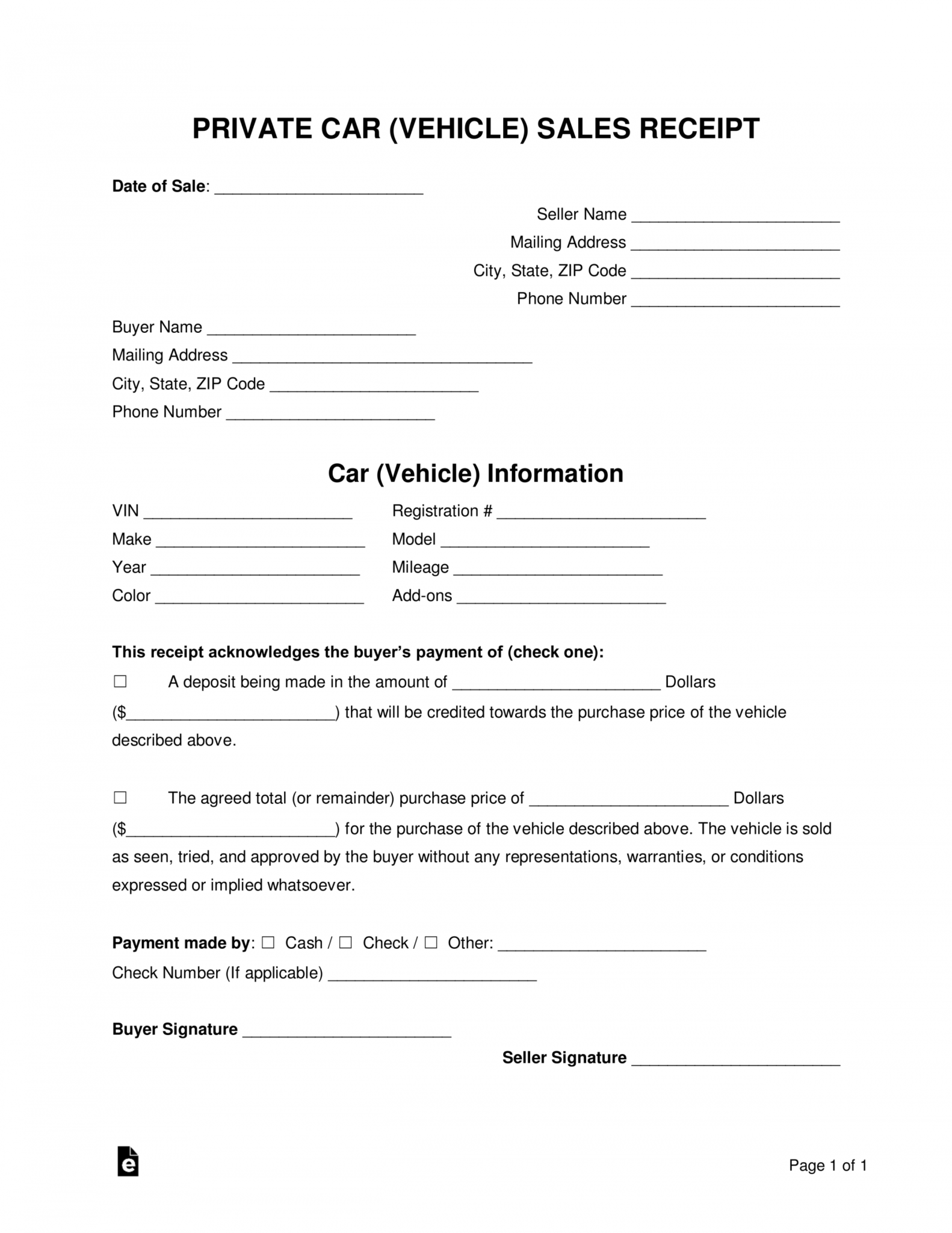 Private Receipt Template For The Sale Of A Vehicle