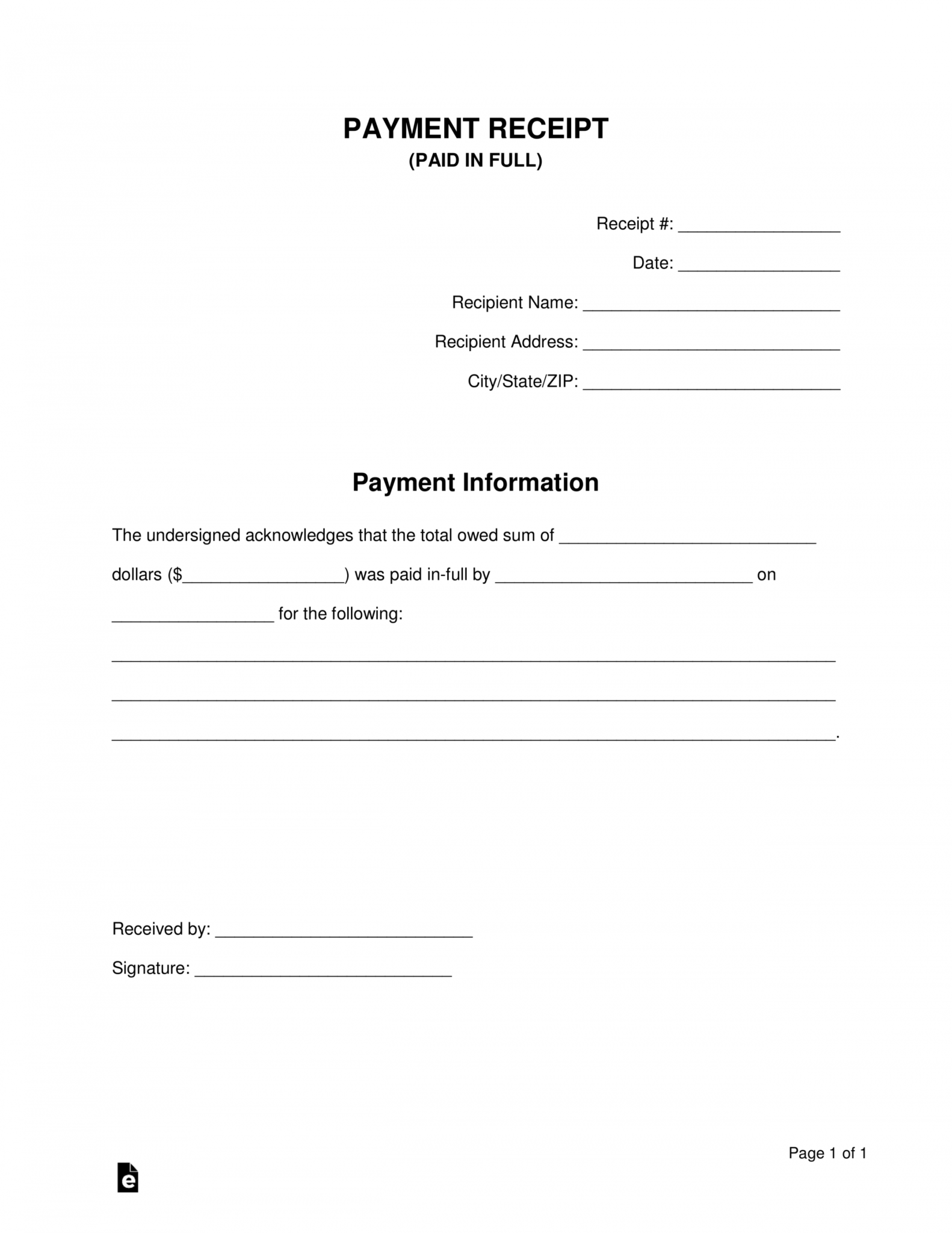 Editable Paid Infull Receipt Template Eforms Free Fillable Forms