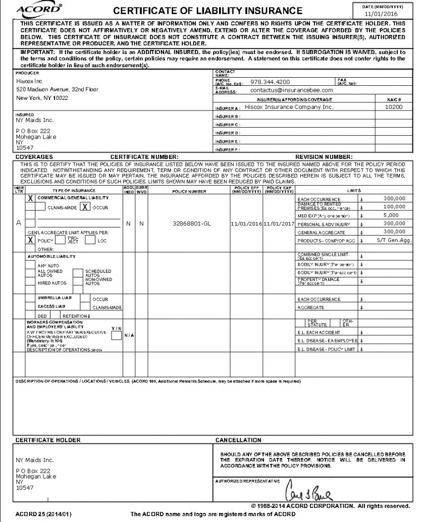 Printable Certificate Of Liability Insurance Ny Maids Liability 