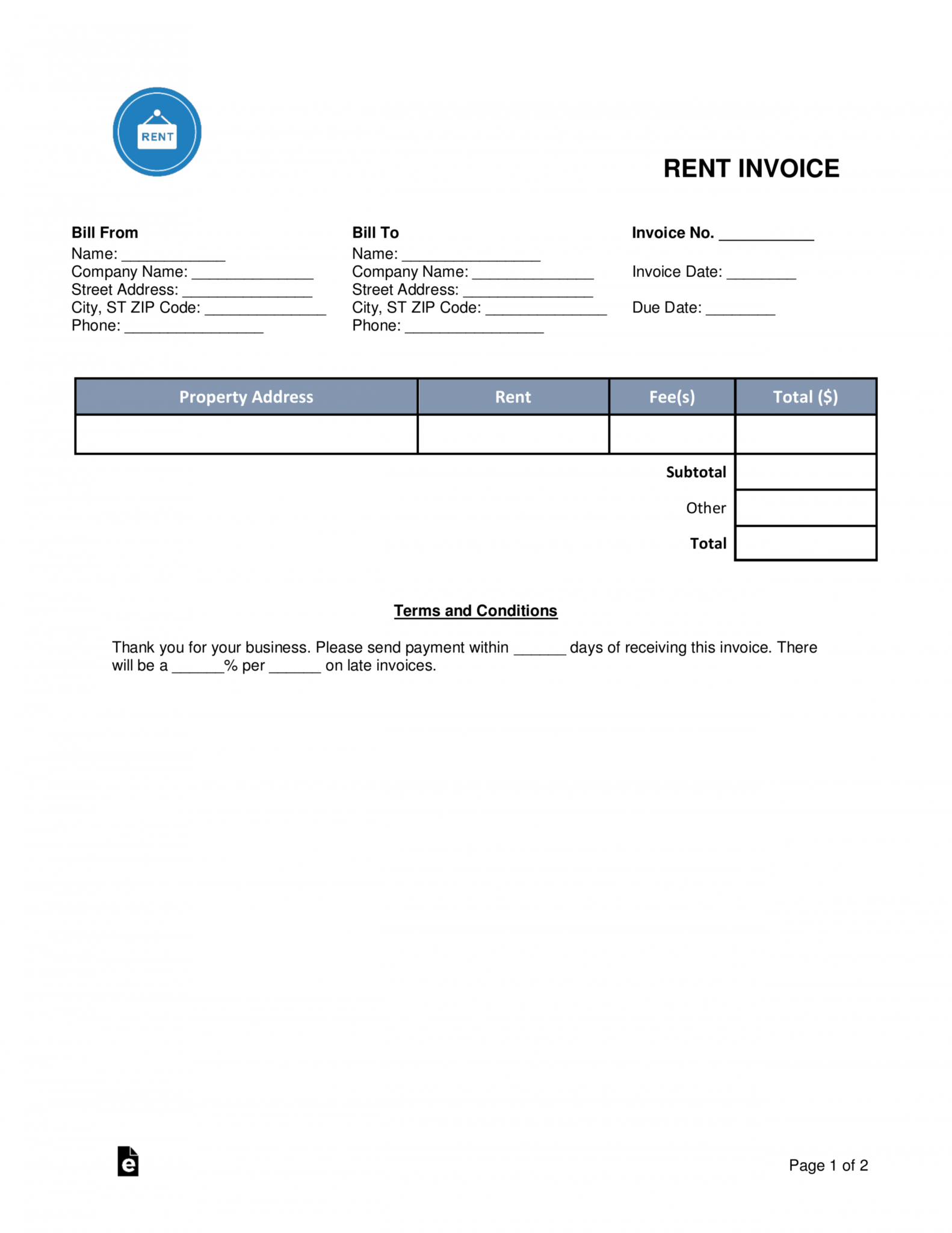 Free Printable Rent Invoice Template